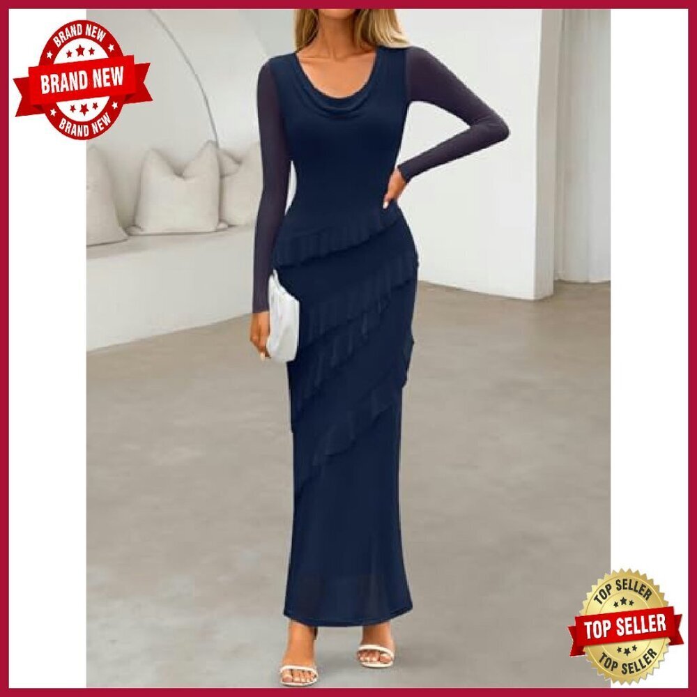 Long Sleeve Maxi Dress Cowl Neck Bodycon Formal Wedding Guest - Picture 5 of 8
